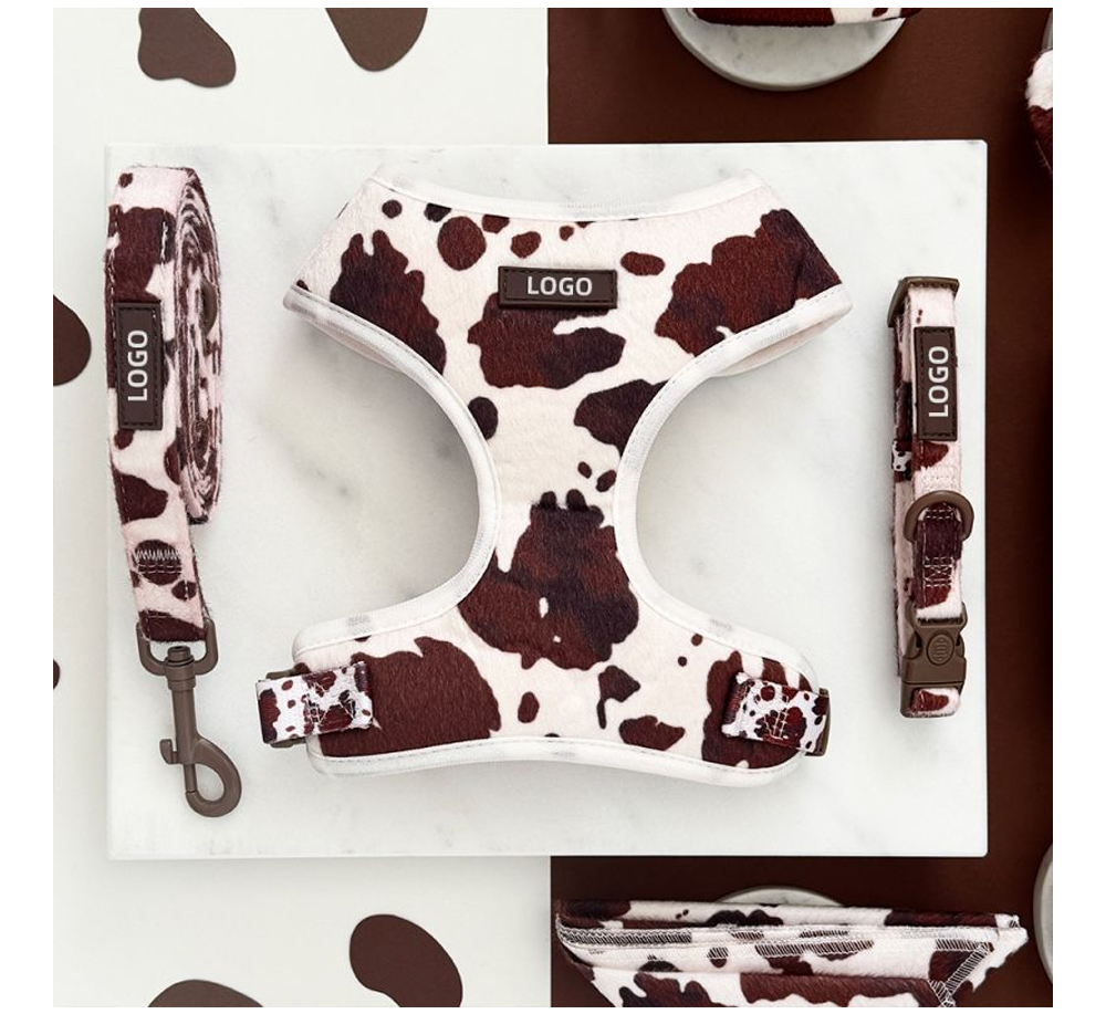 Custom Plush Cow Print Dog Harness, Collar & Leash Set (2).jpg